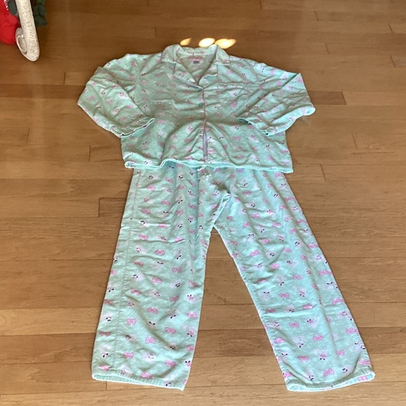 So Heavenly Other - Women's Mint Flannel Pajama Set with Pink Accents(white kitties with pink bows)